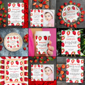 Zoete aardbeienbes Eerste 1e Verjaardagsfeest Wandkleed