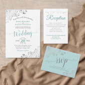 Silver Lace Blauwgroen en White Elegant Wedding Re Kaart (Personaliseer de collectie van deze zelfstandige maker.)