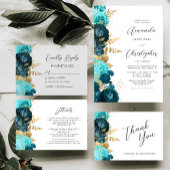 Teal Aqua Gold Floral Modern Script Wedding Kaart