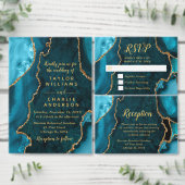 Teal Blue and Gold Agate Marble Wedding Menu (Personaliseer de collectie van deze zelfstandige maker.)