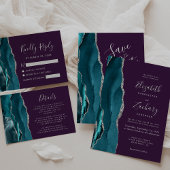Teal Silver Agate Purple Wedding All In One Uitnodiging