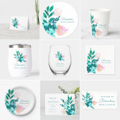 Aqua Blauw Groene Aquarel Bloemrijke Bruidsdouche Papieren Bordje