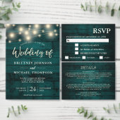 Rustige Blauwgroen Wood String Lights Wedding Folie Uitnodiging (Personaliseer de collectie van deze zelfstandige maker.)