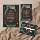 Blauwgroen Rustisch hout Harten Mason Jar Wedding RSVP Kaartje (Personaliseer de collectie van deze zelfstandige maker.)