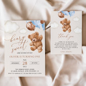 Teddybeer, blauwe ballonnen, eerste verjaardag confetti