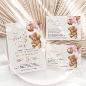Teddybeer, Baby-Beer, roze ballonnen, Baby shower All In One Uitnodiging