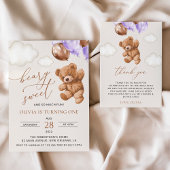 Teddybeer, Paarse ballonnen, eerste verjaardag All In One Uitnodiging