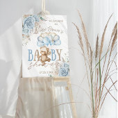 Boho Blue Floral Pampas Teddy Bear Boy Baby shower Papieren Bordje