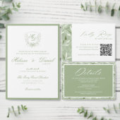 Elegant Sage Green Botanical Crest Wedding Ronde Sticker (Personaliseer de collectie van deze zelfstandige maker.)