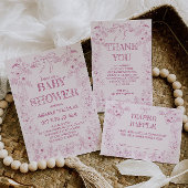 Bow Roze Wit Toile Flowers Meisje Baby shower Kaart