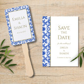 Blauw en Wit Italiaans Bruiloft Save the Date Kaart