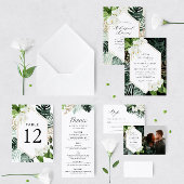 tropische palmbladeren witte florale bruiloft kaart