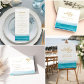 Ocean Waterverf Beach Gold Script Wedding Menu