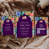 Indische volkskunst olifant bruiloft aubergine gou folie uitnodiging