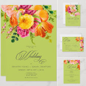 Vibrant Summer Floral Lime Orange Pink Wedding RSVP Kaartje