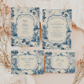 Victoriaans Dusty Blue Franse Toile Wedding All In One Uitnodiging