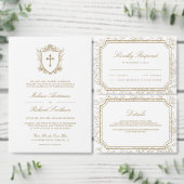 Victoriaans Witte en Gouden Katholieke QR Code Huw Drieluik Uitnodiging (Personaliseer de collectie van deze zelfstandige maker.)