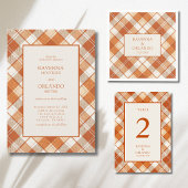 Vintage Gedempte Oranje Gestreepte Gingham Bruilof Kaart