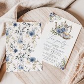 Tea Party Blauw Bloemen Waterverf Vrijgezellenfees Bedankkaart