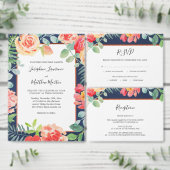 Marine Blauw Elegant Bloemen Bruiloft Kaart (Personaliseer de collectie van deze zelfstandige maker.)