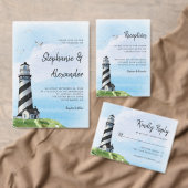 Waterverf van vuurtoren Modern Nautical Wedding All In One Uitnodiging (Personaliseer de collectie van deze zelfstandige maker.)