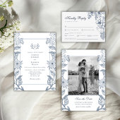 Elegante Monogram Crest Stofblauwe Frame Bruiloft Menu