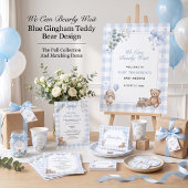 We Can Bearly Wait Blauwe Gingham Teddybeer Ronde Sticker