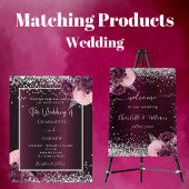 Bourgogne zilveren roze bloemen bruiloft programma poster