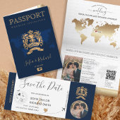 Bruiloft Bestemming Paspoort Gold Navy Wereldkaart RSVP Kaartje