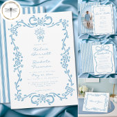 Whimsical Blue Hand Drawn Floral Stripe Wedding Kaart