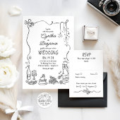 Whimsical Funky Hand Drawn Wedding Photo Bedankkaart
