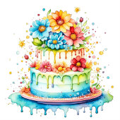 Rood en Blauw Whimsical Verjaardagstaart Waterverf Ronde Sticker