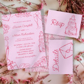 Modern Pink & Red Sketch Wedding Details Informatiekaartje