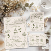 Whimsical Retro Doodle Art Wedding All In One Uitnodiging