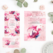 Whimsical Waterverf Roze Dragon Baby shower All In One Uitnodiging