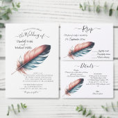 Romantic Dusty Rose Teal Feather  Wedding Kaart (Personaliseer de collectie van deze zelfstandige maker.)
