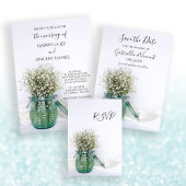 White Babys Breath in Blue Jar Engagement Party Kaart