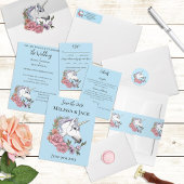 Witte eenhoorn roze bloemen blauw save the date
