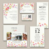 Pink Orange Floral Wedding RSVP QR Code Informatiekaartje
