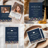 Boho Wildflower Navy Blue Photo Afstudeerder Aanko Kaart