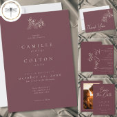 Wine Burgundy Minimalist Leaf Acorn Fall Wedding Kaart