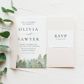 Waterverf Snowy Evergreen Landscape Wedding All In One Uitnodiging