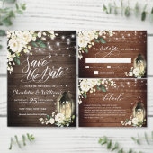 White Roses Rustic Wood Lantern Wedding All In One Uitnodiging (Personaliseer de collectie van deze zelfstandige maker.)