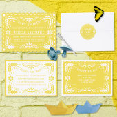 Geel en wit papel picado baby shower RSVP kaartje