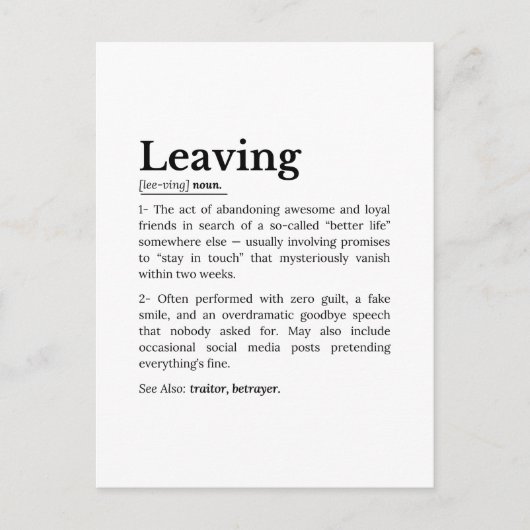 Collega vertrekt: kantoorafscheidshumor briefkaart (Voorkant)