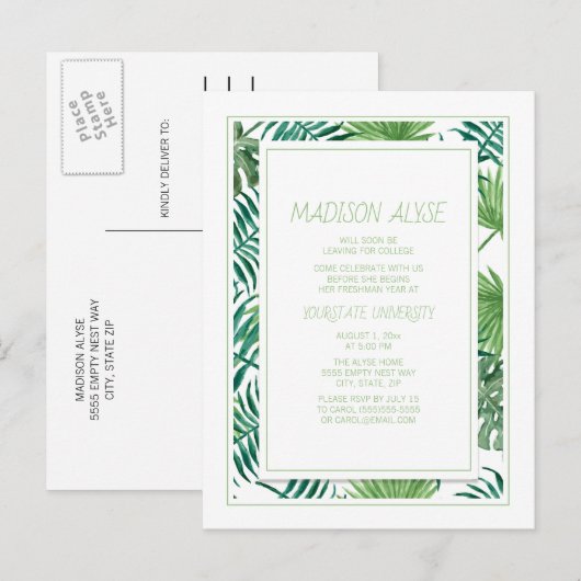 College Dorm Trunk Party Tropische bladeren White Uitnodiging Briefkaart (Voorkant / Achterkant)