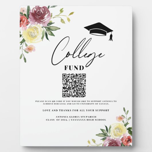 College fund floral afstuderen teken fotoplaat (Voorkant)