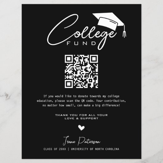 College Fund QR Code Zwart Wit Afstuderen Modern (Voorkant)
