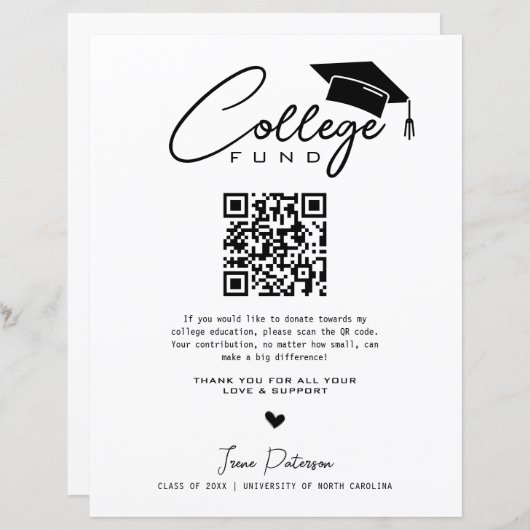 College Fund QR Code Zwart Wit Afstuderen Modern (Voorkant / Achterkant)