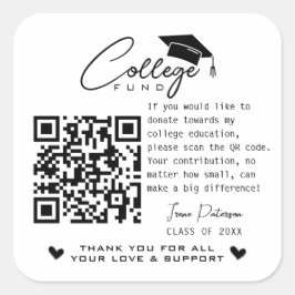 College Fund QR Code Zwart Wit Afstuderen Modern Vierkante Sticker